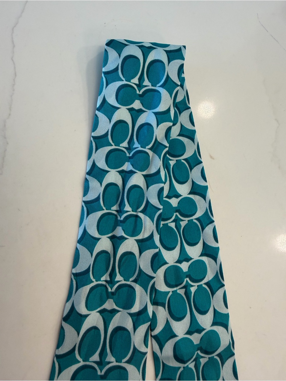 Coach Teal Logo-Print Silk Scarf Ribbon with Stripe Ends - Picture 5 of 6